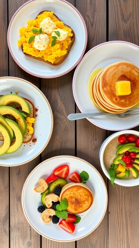 A variety of breakfast options including eggs, avocado toast, pancakes, and smoothie bowl on a wooden table.